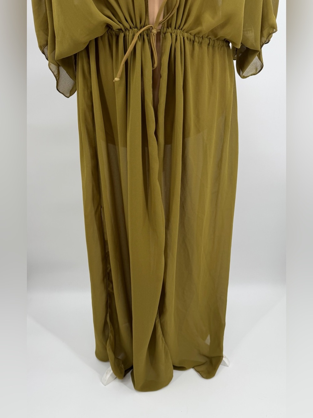 Olive Green Chiffon Maxi kimono Swim Cover Up S Resort Beach vacation flowy - Picture 8 of 12
